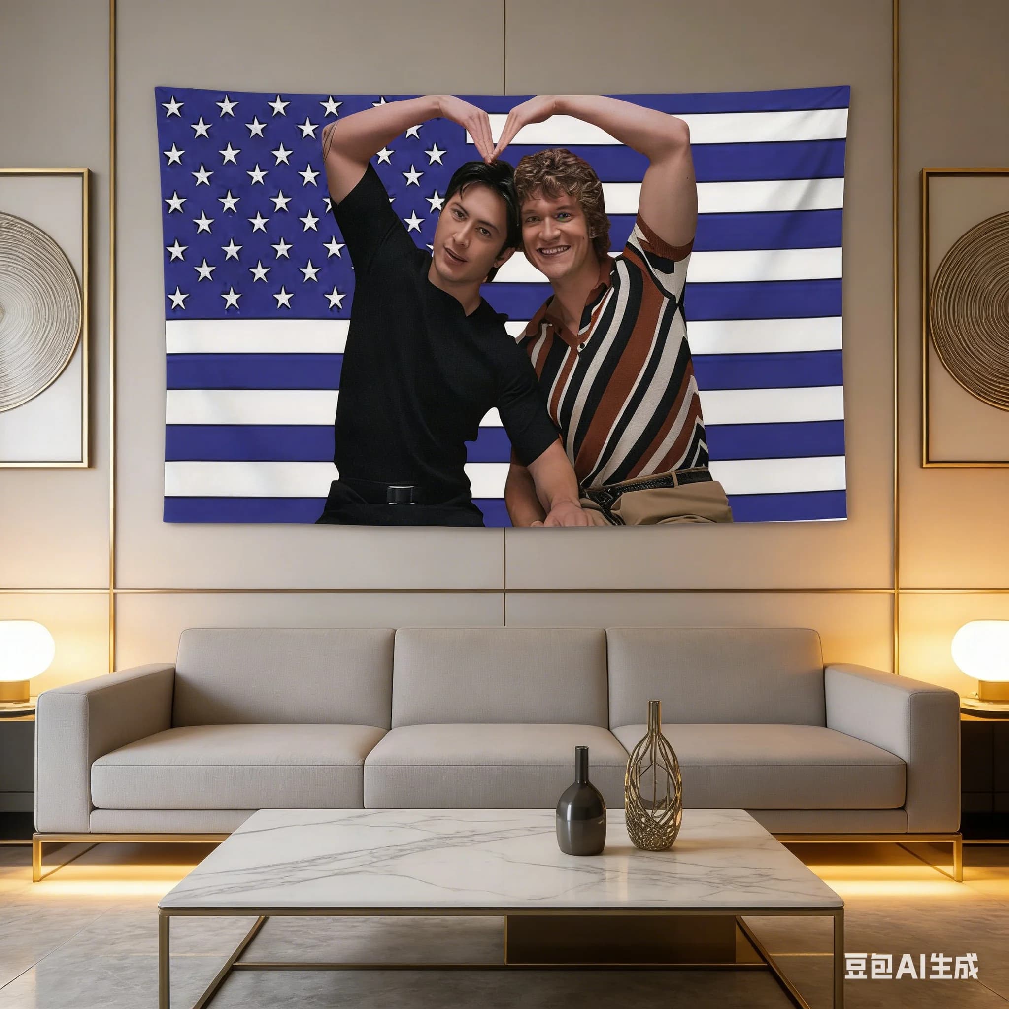 Tapestry con Gesto a Cuore Ispirato al Hockey, Stampa Bandiera Americana Rosa in Poliestere, Decorazione da Parete per Camera da Letto, Meme Virale e Divertente