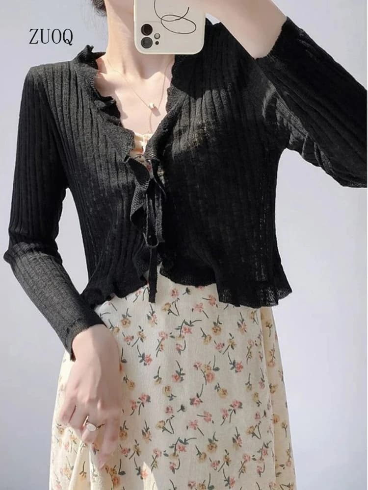 2026 Sweet Thin Knitted Cardigan Woman Sunscreen Jacket Shawl Ice Silk Lace-up Long Sleeve Tops Women