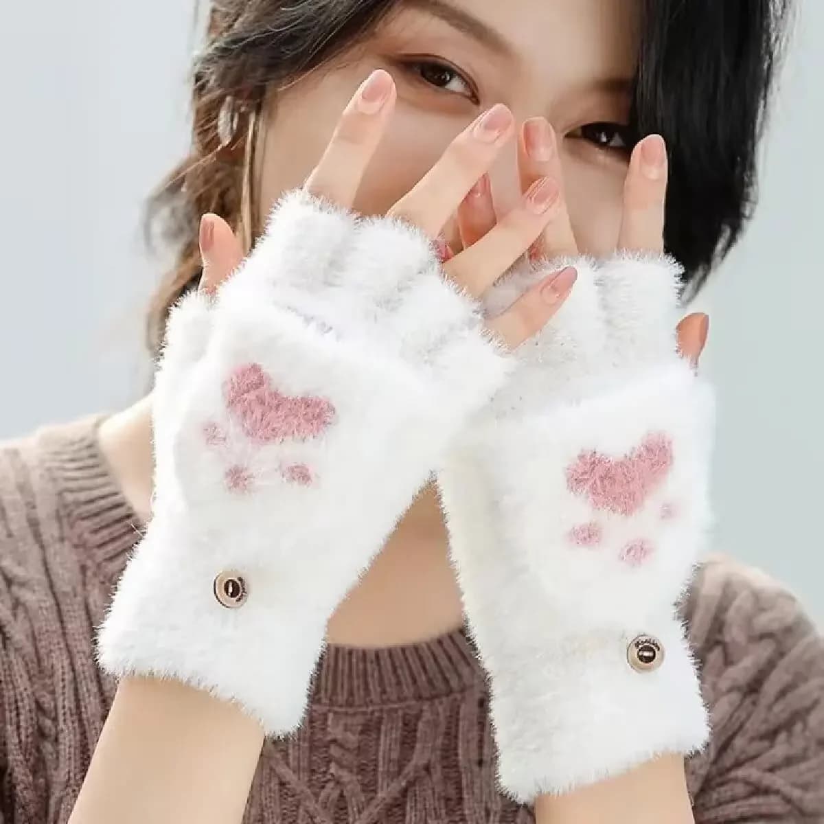 Guanti da gatto caldi da donna addensati Guanti in peluche con zampa di gatto per ragazze alla moda Guanti invernali con mezze dita corti e morbidi in peluche