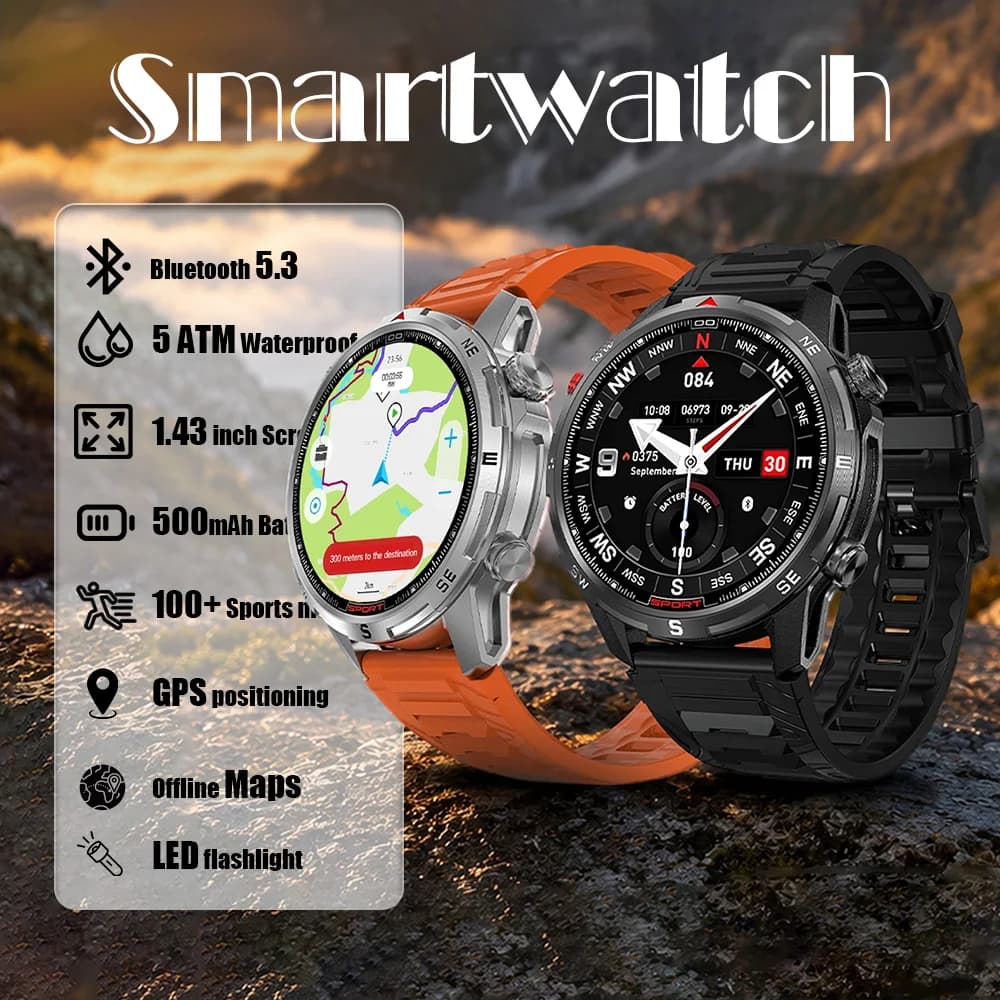DTG10 Smartwatch 1.43'' AMOLED Display GPS Offline Maps Health Monitoring 100+ Sports Modes Voice Calling 5ATM Water Smart Watch