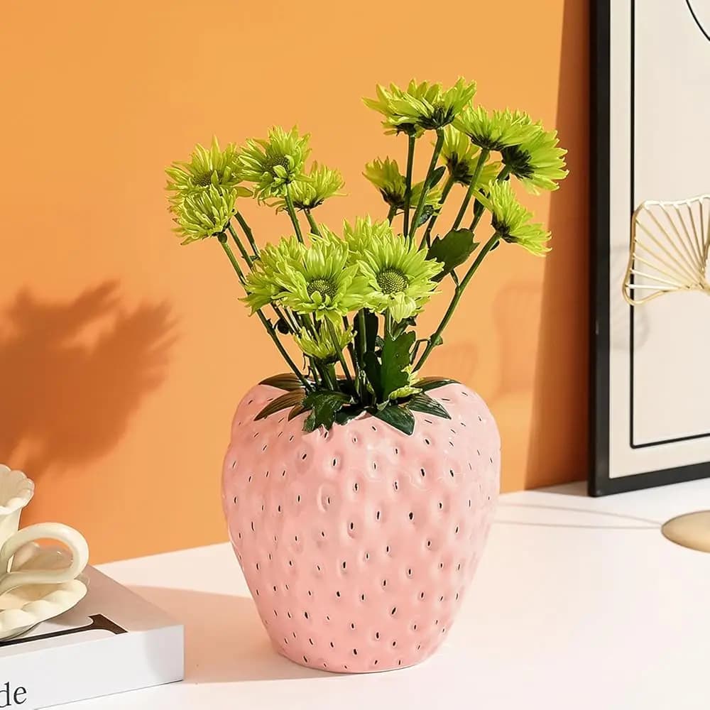 Vaso a Forma di Fragola per Fiori, Vaso in Ceramica Rosa Antico, Fioriera a Forma di Fragola con Foglie Verdi e Semi Neri