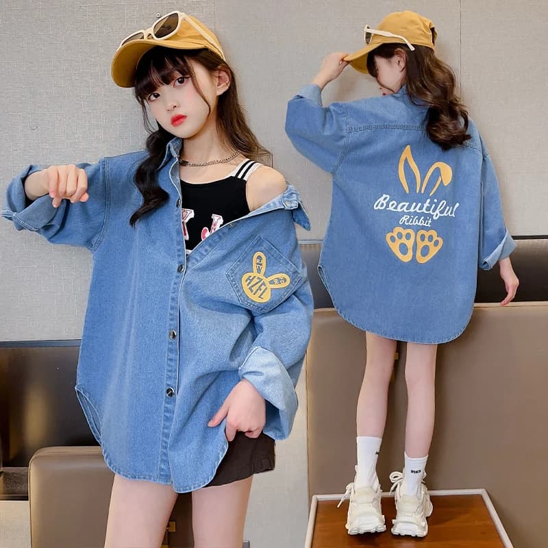 High Fashion Cowgirl jeans shirts with rabbit print for teenage girl long sleeves long sleeves long sleeve shirt for kids