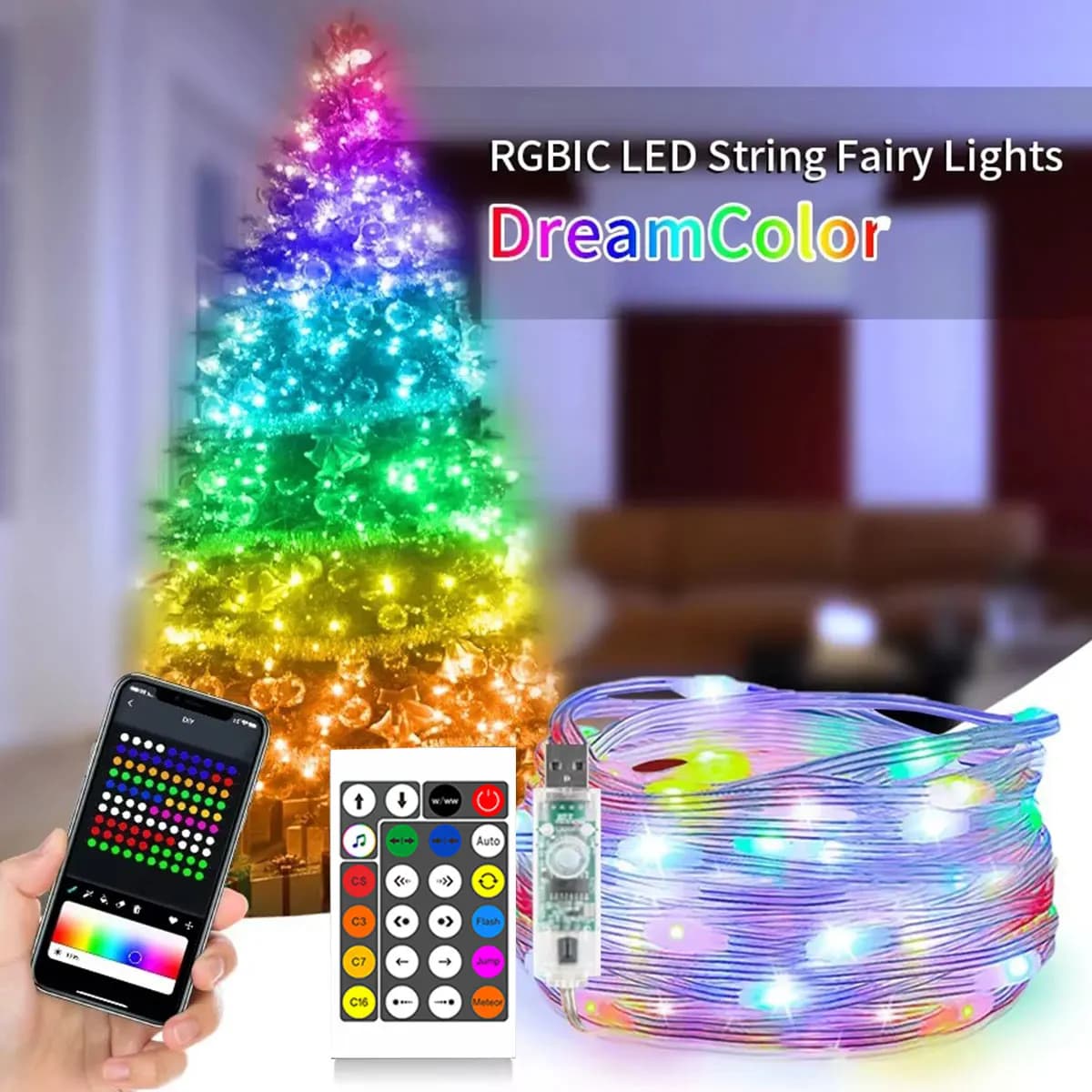 WS2812B Luci a stringa LED Bluetooth USB 5V Dreamcolor RGBIC Indirizzabili Luci natalizie per feste Decorazione di nozze Ghirlanda di fata