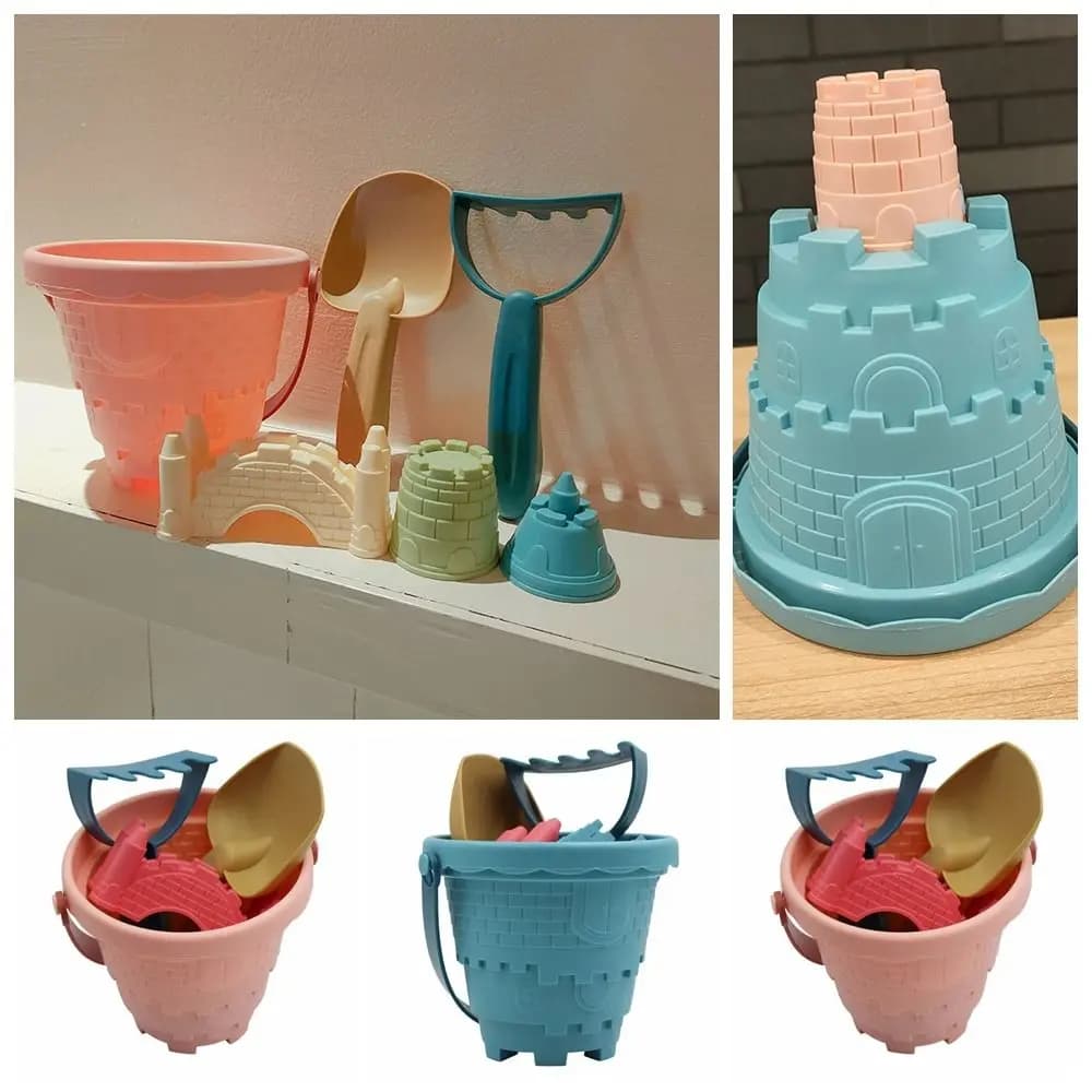 Set da 6 Pezzi in Plastica per Gioco Interattivo Genitore-Figlio, Kit da Spiaggia con Secchiello, Paletta, Rastrello e Stampi per Sabbia