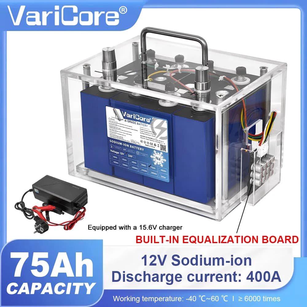 Integrated equalization card resistant to low temperatures with 12 V 75 Ah sodium ion battery for off-grid solar systems with 15.6 V charger