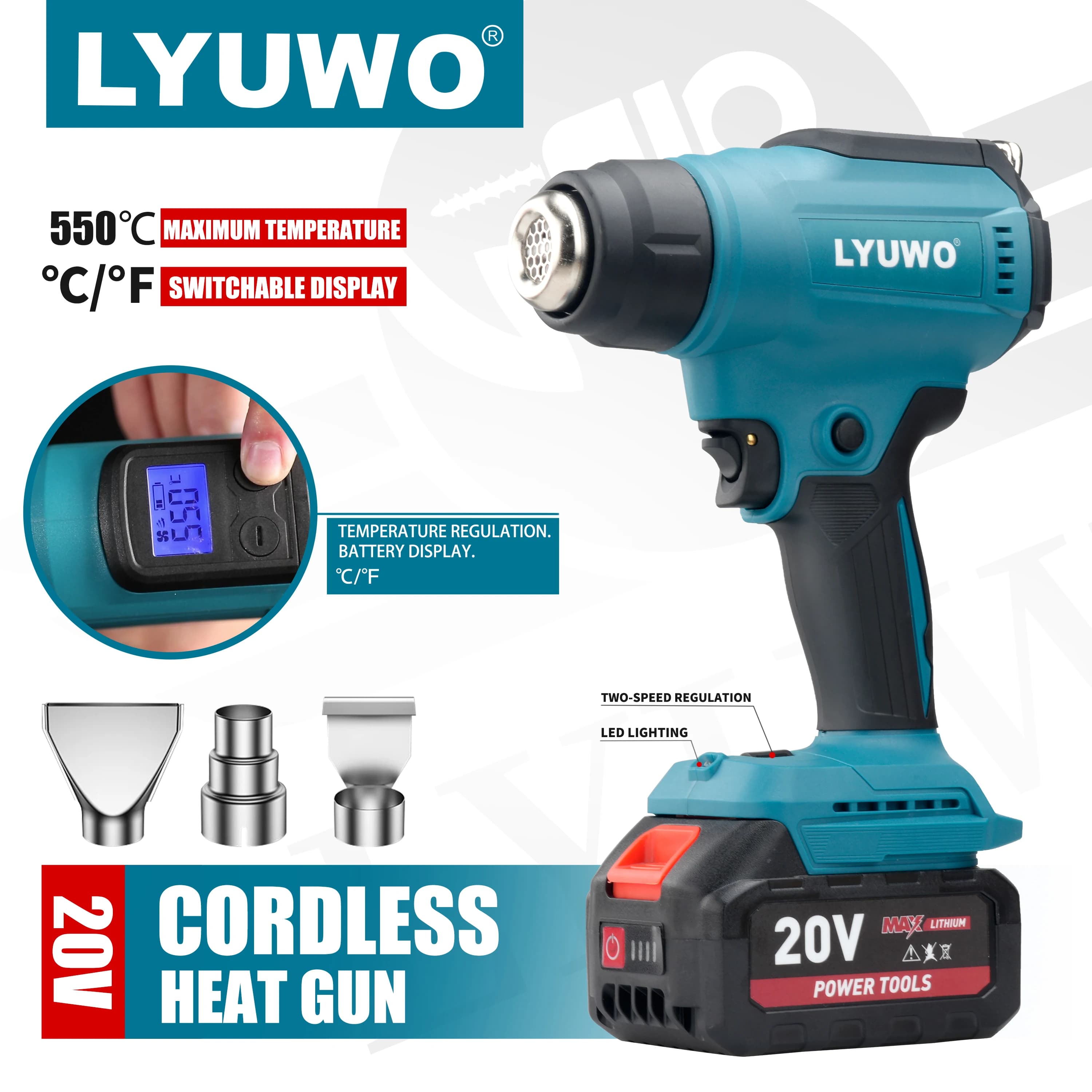 18V/21V Hot Air Gun 550Temperature Heat Shrink Packaging Tool Hot Air Gun Air Dryer Adjustable Gear With LED Welding Hot Air Fan