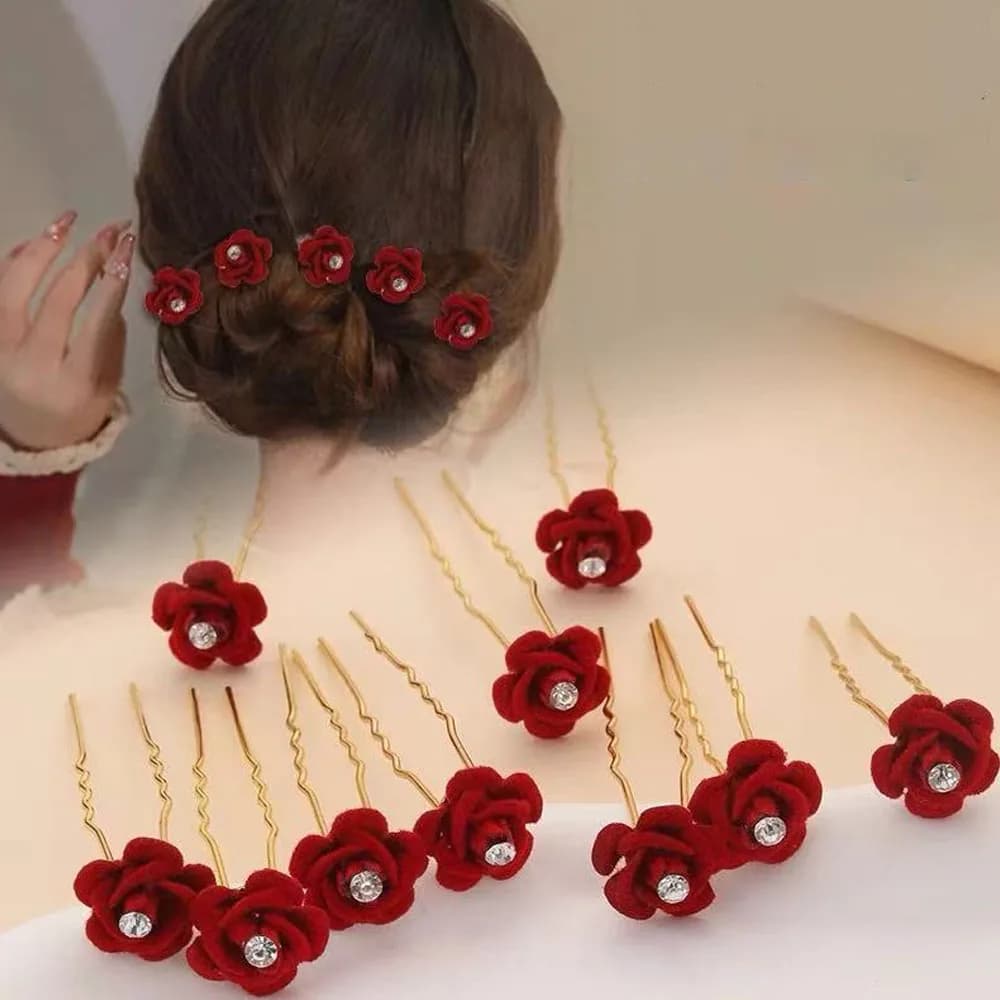 10 pieces accessories for hair pink bridal hairpins hair clips flower red velvet clasp for women elegant soft diamonds