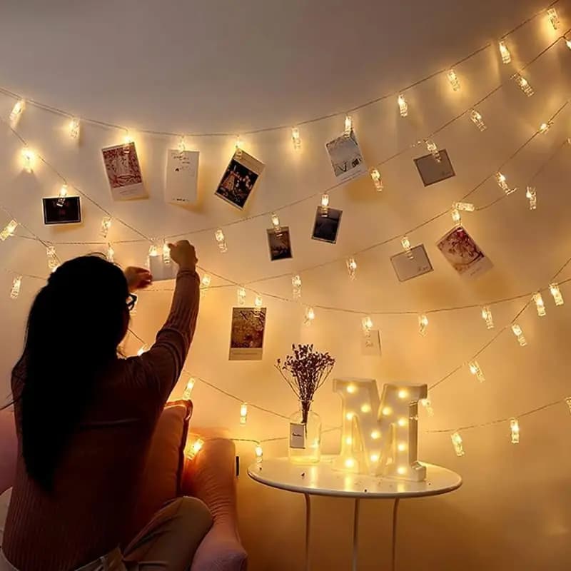 1 pz, foto Clip fata stringa luci titolare della carta lampada ghirlanda per la festa di nozze di natale fata luci decorazioni natalizie