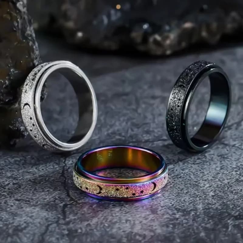Anelli Fidget con luna e stella in acciaio inossidabile satinato per donna Uomo Anello rotante antistress e ansia Anello rotante in metallo