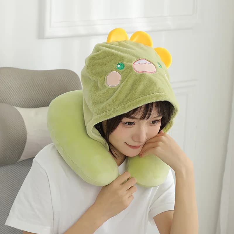 Cuscino a U con Cappuccio a Cartone Animato, Morbido e Peluche, Oscurante, Portatile, Supporto per il Collo per Viaggi, Aereo, Ufficio, Pisolino, Aiuto per il Riposo Accogliente
