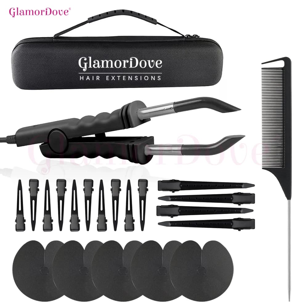 Kit di estensione per capelli Glamor Dove Fusion – Ferro con connettore termico con scudi, clip e pettine a coda per applicazioni di legame alla cheratina