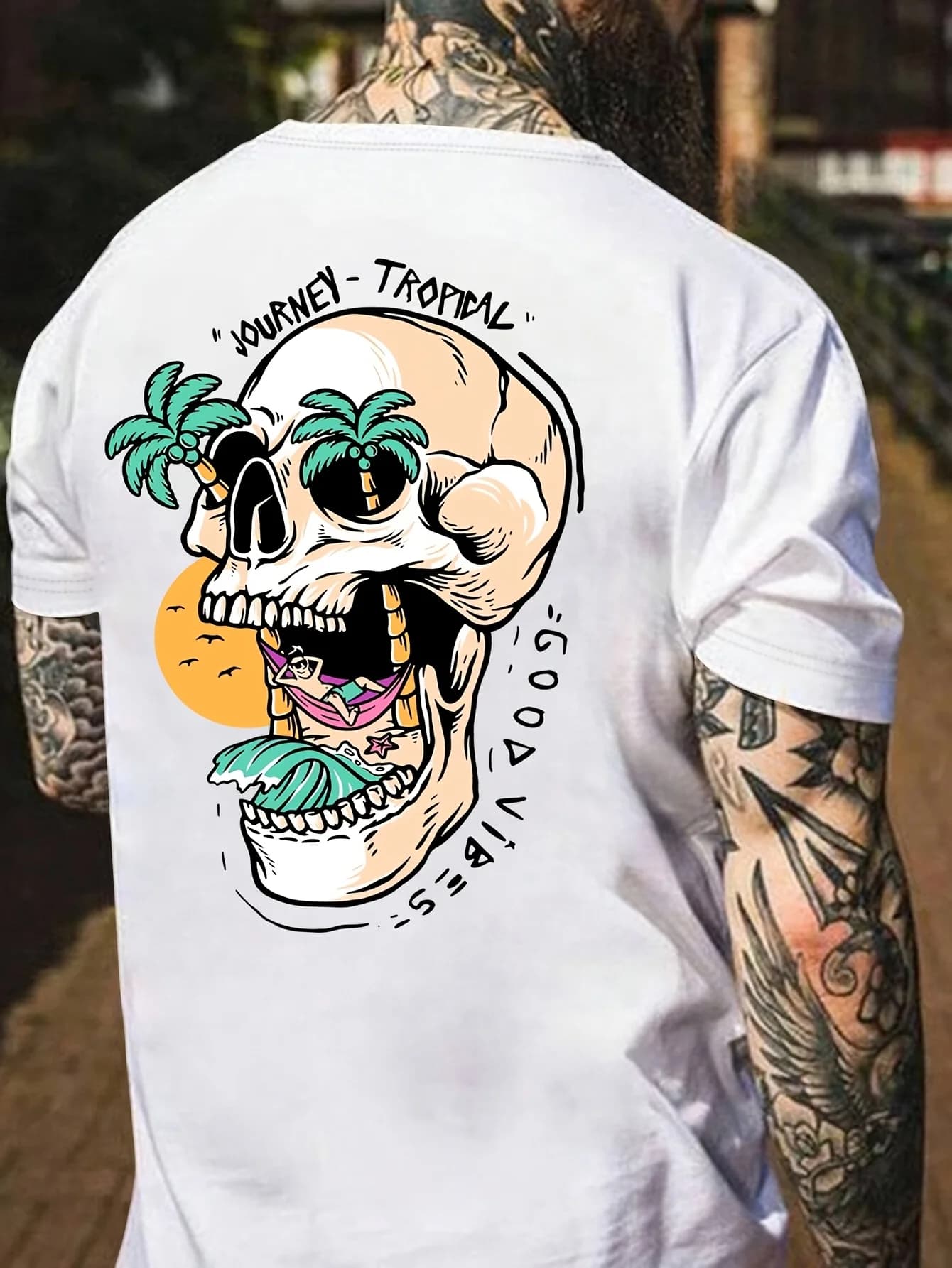 T-shirt estiva da uomo in 100% cotone puro, casual, ampia, con stampa teschio tropicale, traspirante, girocollo, a maniche corte