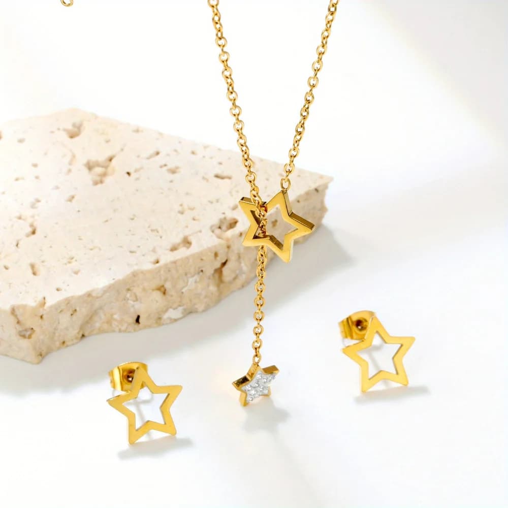 Cubic Zirconia Stars Tassel Pendants Necklace Earring Set For Women Temperament Stainless Steel Exquisite Daily Jewelry Gifts