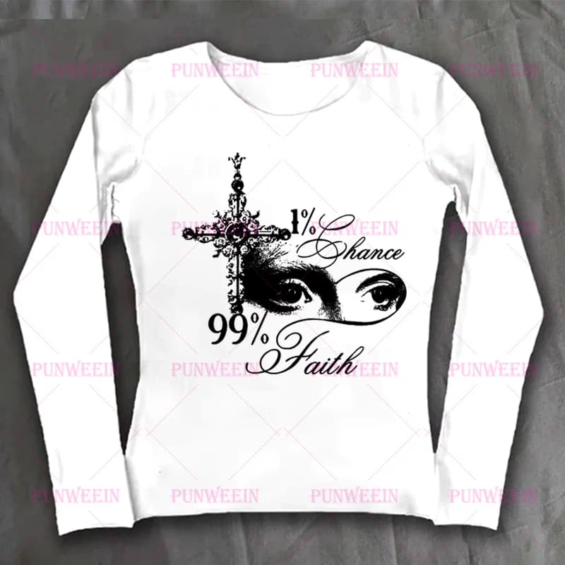 Harajuku Estetica Vergine Maria occhi Y2k Crop Top Punk Gotico Emo Ragazze ladys Slim Stampa grafica Sottocultura T-shirt Streetwear
