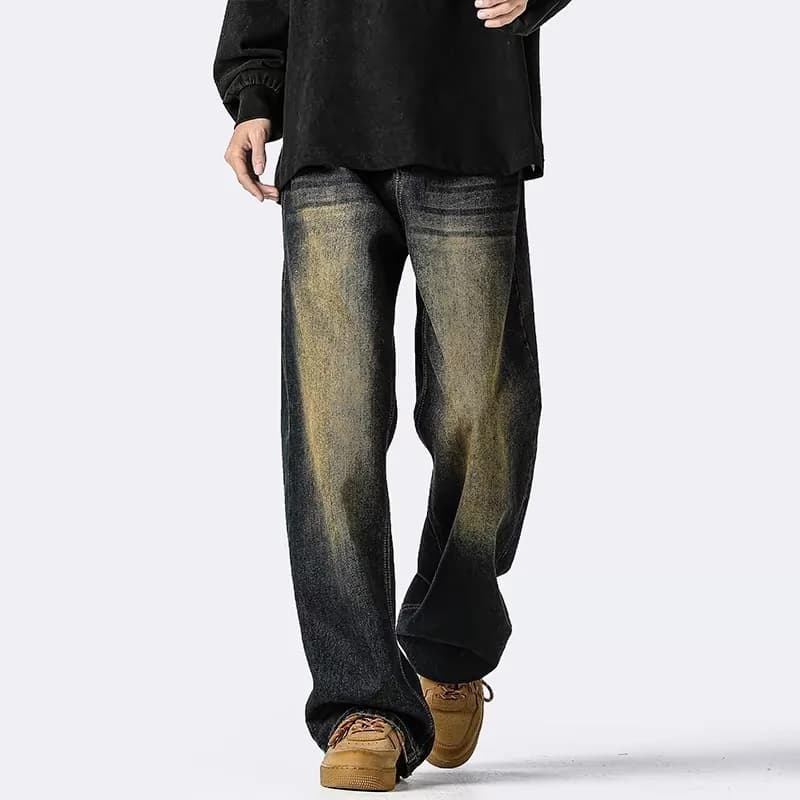 Jeans da Uomo Retro Lavati a Gamba Larga e Dritta, Pantaloni Lunghi alla Moda Versatili a Vita Alta in Denim per la Stagione Autunnale