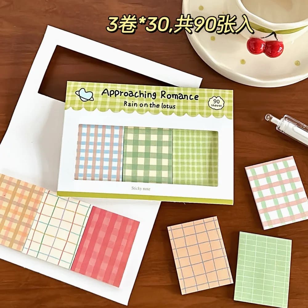 Blocco Note Adesivo Serie Plaid Romance 90 pz, Blocchi Memo a Griglia, Carta per Appunti Kawaii per Diario e Scrapbooking, Cancelleria Carina