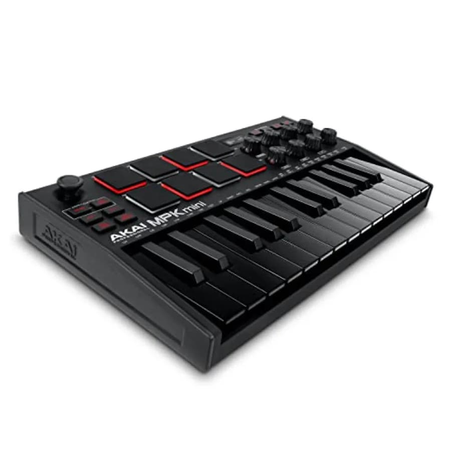 Music production keyboard controller with 25 keys, black plastic housing, backlit drum pads and knobs, NKS integration for seam
