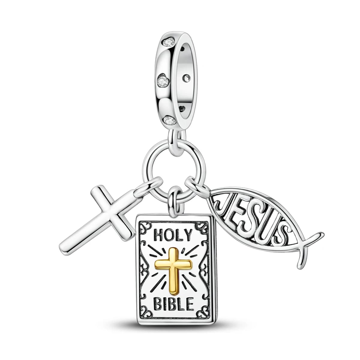 Sterling 925 Silver Biblical Cross Pendant with Transparent Zirconia and Ichthys Beads, Suitable for Bracelets, Women's Religious Jewelry, Easter Gift