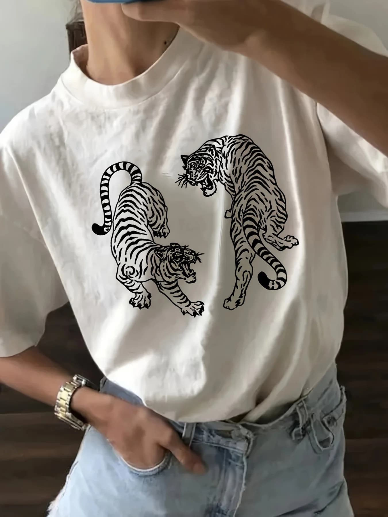 T-shirt da donna con stampa grafica tigre bianca - Top casual girocollo a maniche corte con elastico medio, lavabile in lavatrice