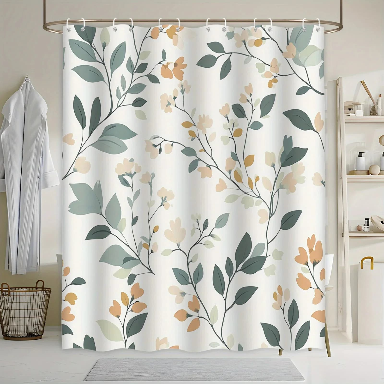 Tenda da doccia con rami floreali delicati - Illustrazione digitale, pesca pallida e fiori verdi maculati, sfondo crema