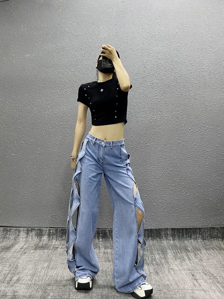 TIYIHAILEY-Pantaloni in denim lunghi a gamba larga da donna, jeans casual estivi scavati con tasche, pantaloni da donna 2025 S-XL Blu Rosa