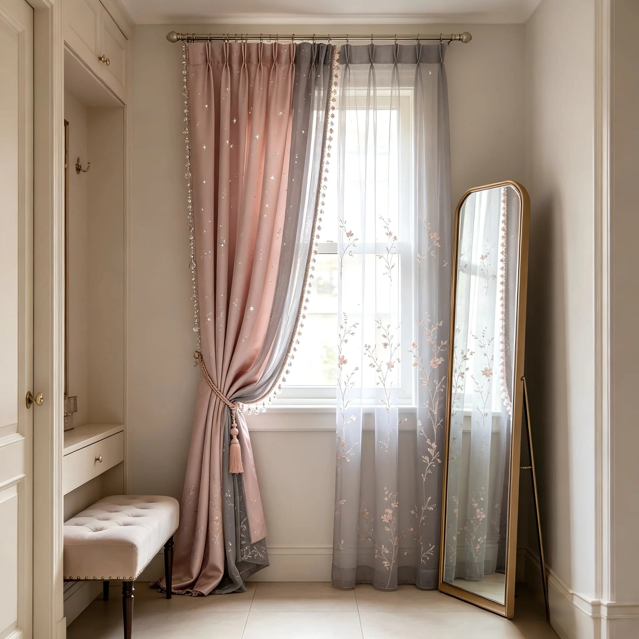 200317 Entryway Dressing Mirror Area: Fuzzy Pink Satin × Smoke Gray Tulle, Silver Star Flower Branch Embroidery Curtains