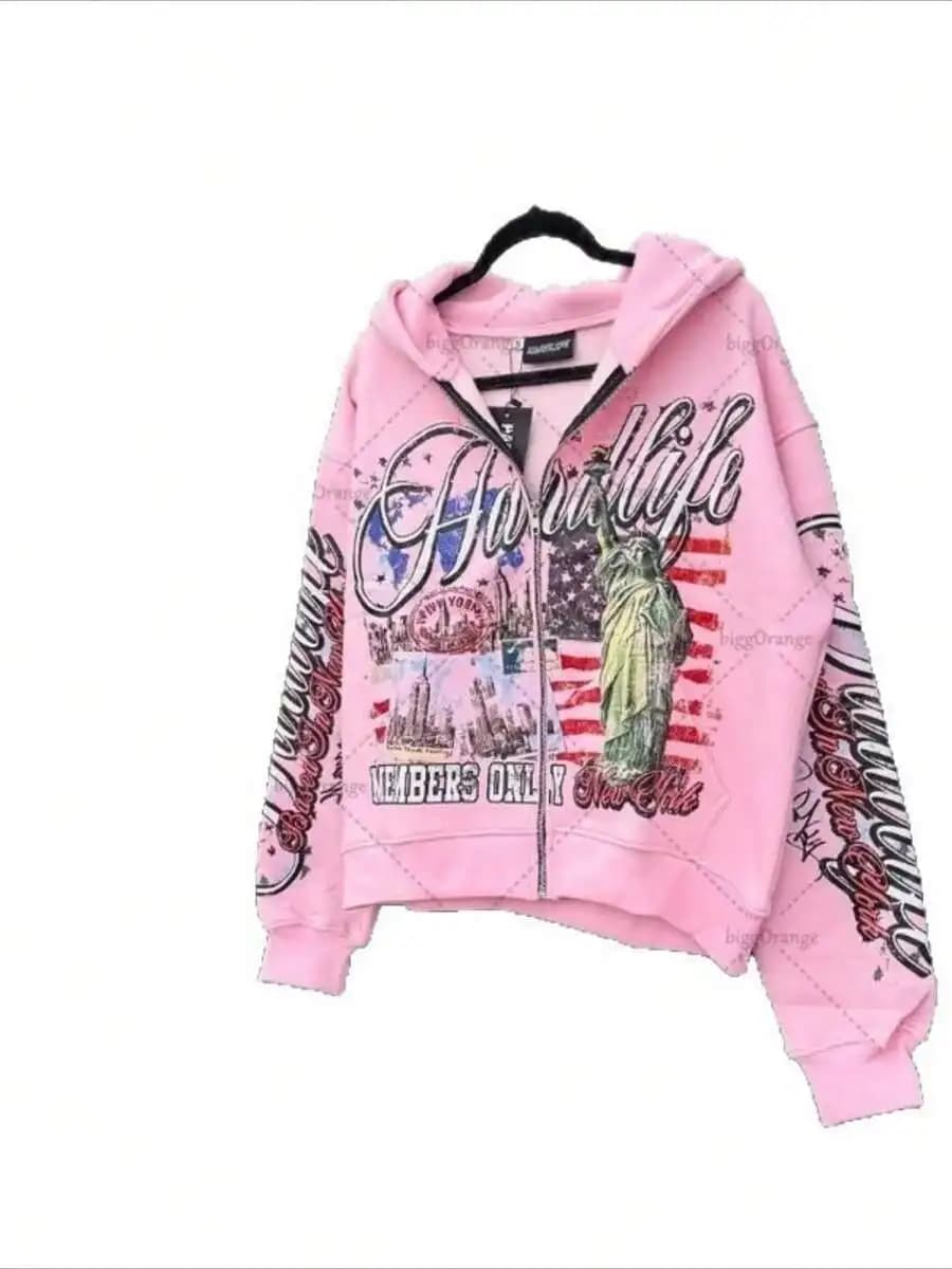 Felpa con cappuccio oversize rosa con zip e stampa grafica | Felpa Unisex Streetwear