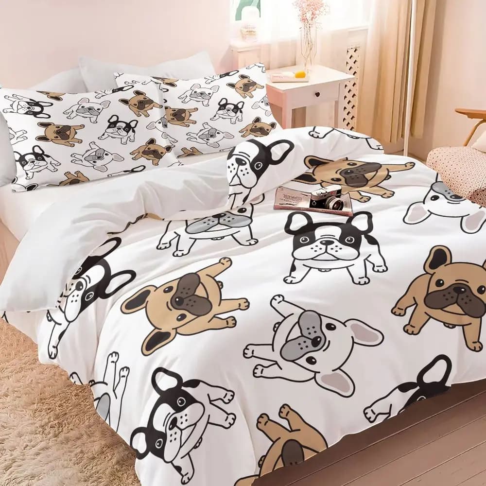 Cute French Bulldog Print Duvet Cover Set (1 Duvet Cover & 1/2 Pillowcase) Soft Bedding Set For Kids Bedroom Decor
