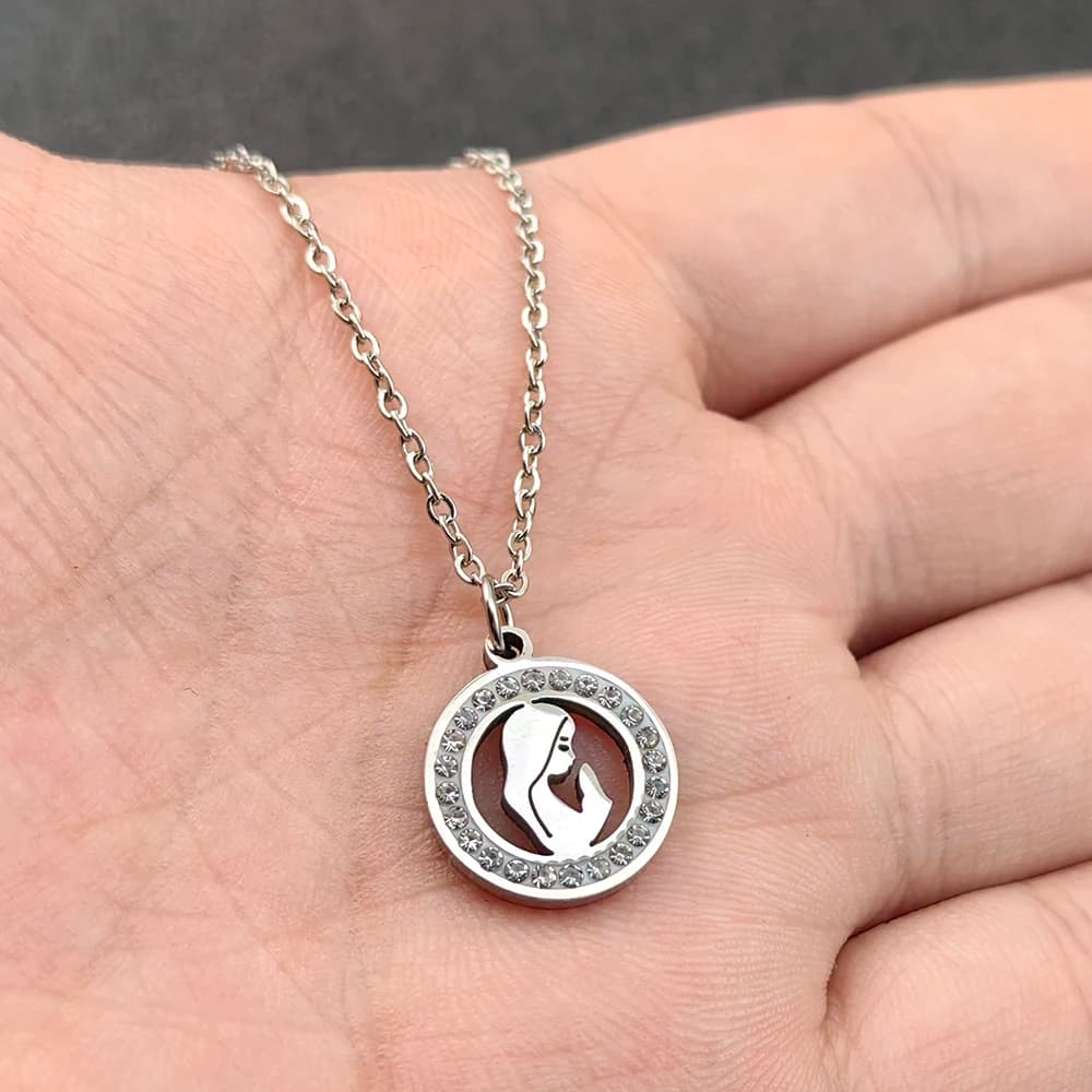 Holy Virgin Mary Clear Zircon Necklace Stainless Steel Gold Color Chain Choker Religious Catholic Blessed Jewelry Gift