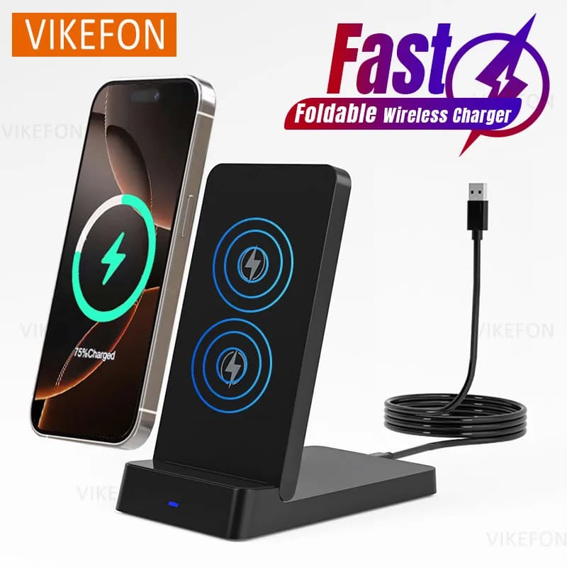 Supporto da Tavolo Pieghevole con Caricatore Wireless per iPhone 17 16 15 14 13 12 Pro Max Samsung Xiaomi 17 - Stazione di Ricarica Rapida