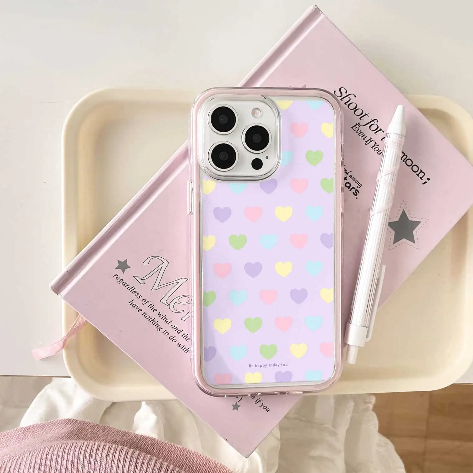 Kawaii Pastel Multicolor Heart Light Purple Base Mirror Case, Clear Frame Anti-Drop Soft TPU Cover Fits iPhone 13-17 Pro Max