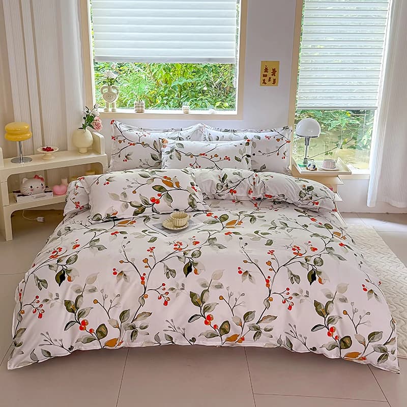 Set di Biancheria da Letto con Foglie Botaniche, 4 Pezzi, Base Bianca, Morbido e Traspirante, con Copripiumino, Federe e Lenzuolo, Misure Full/Queen/King