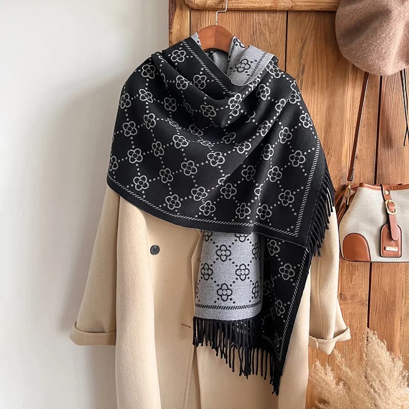 Marche Jacquard Design Sciarpa invernale bifacciale Cashmere Morbido caldo Scialle di Pashmina con frange lunghe Sciarpa coperta antivento resistente al freddo