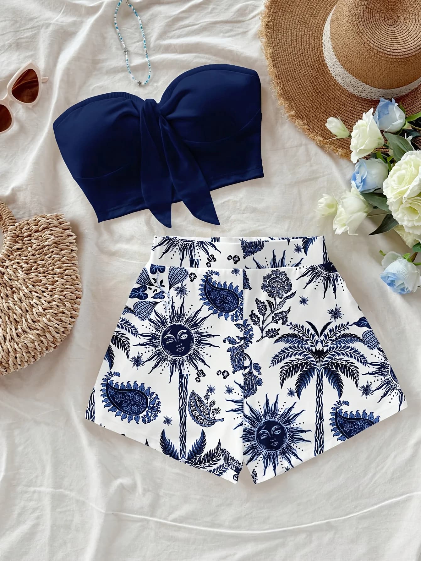 Set da 2 pezzi con stampa albero di cocco e dio del sole per le vacanze estive da donna, adatto per vacanze, estate e primavera alla moda