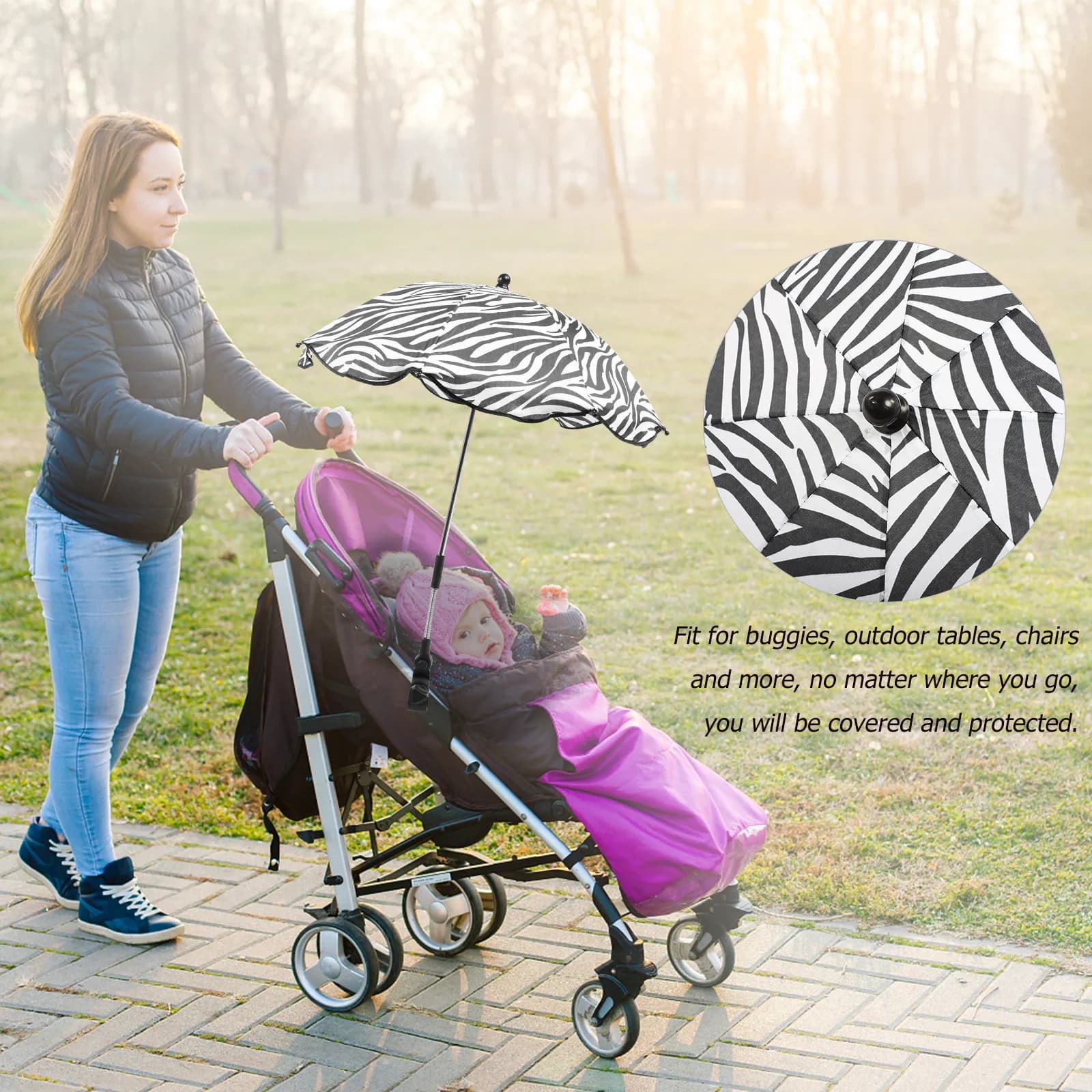 Baby Stroller Umbrella Flexible Base Adjustable Clamp Windproof Uv Protection Pushchair Parasol Water-Resistant Buggy Cover