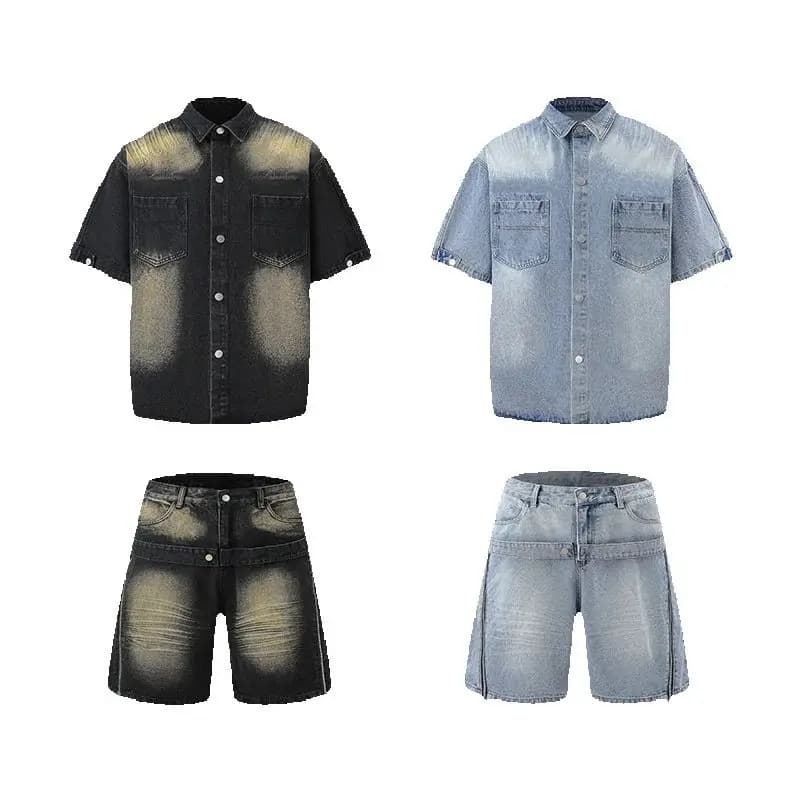 DAVIDSHAO Short sleeve shirt in vintage denim washed EU USA size and large leg shorts Set for men Denim dress with wide fit