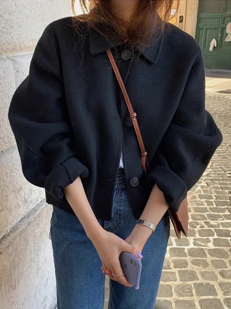 Retro Woolen Jacket Short Loose Style Korean Version Button Design Casual Chic Coat for Young Women Autumn Winter Fashion