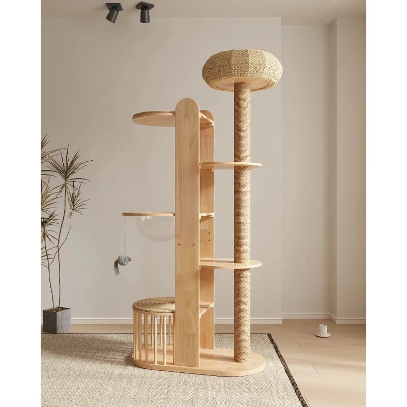 Torre per albero per gatti giocattolo da arrampicata per animali domestici in legno massello di gomma