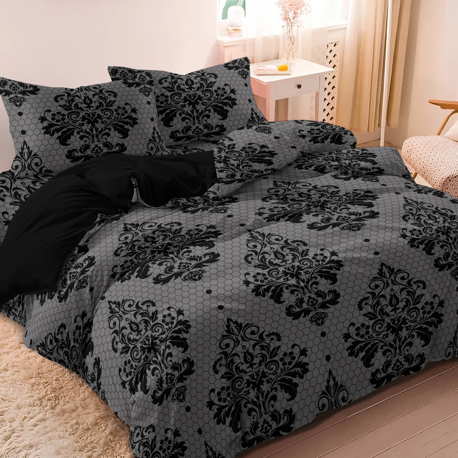 Set Copripiumino 3 Pieces with Black Damask Pattern on Grey Background (Includes 1 Copripiumin and 2 Loyal) Black Bee Nido Pattern