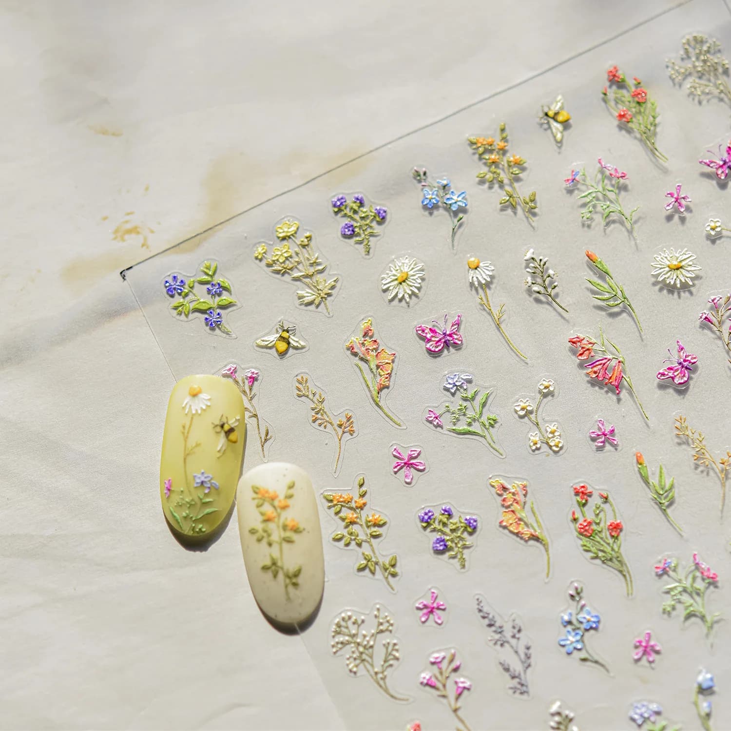 Relief 5D Spring Wildflower Nail Sticker Daisy Butterfly Flower Self-adhesive Nail Stickers DIY 3D Nail Art Decorations Decals