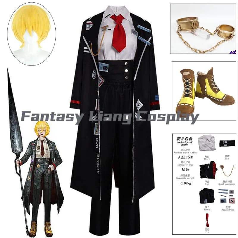 Costume cosplay del gioco Limbus Company Don Quixote, parrucca, scarpe, set completo, uniforme, abito da festa di carnevale di Halloween, per uomo e donna