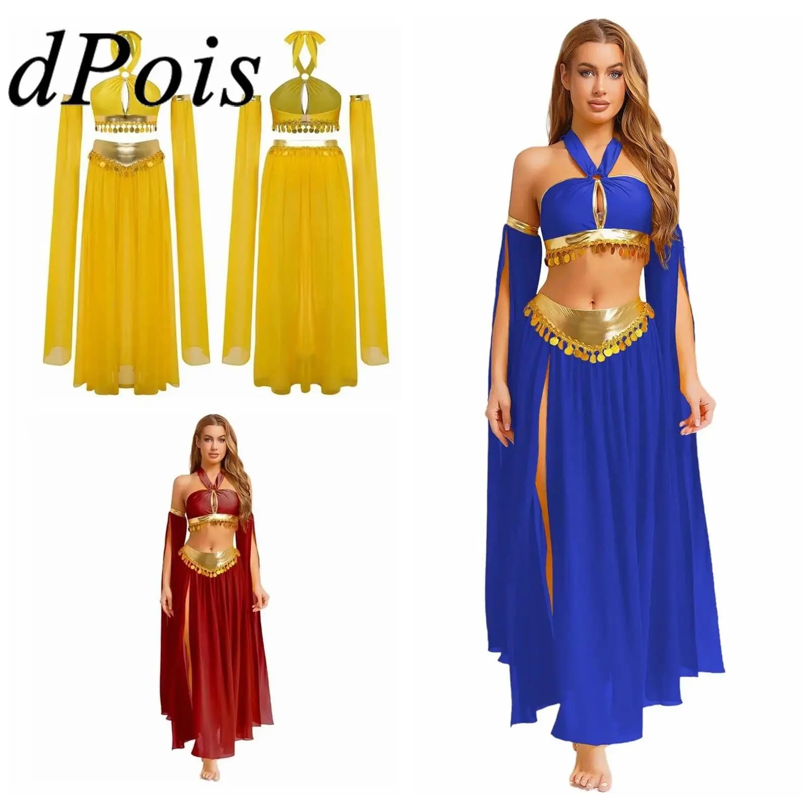 Women's Ethnic Belly Dance Performance Costume Short Top with Braided Sequins with Chiffon skirt with side slit Arabian oriental dancewear