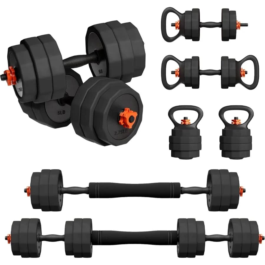 Adjustable dumbbell set Gym weights 5 in 1 with double locking reinforced by 25/45/65 pounds used as kettlebell with barbell support push up