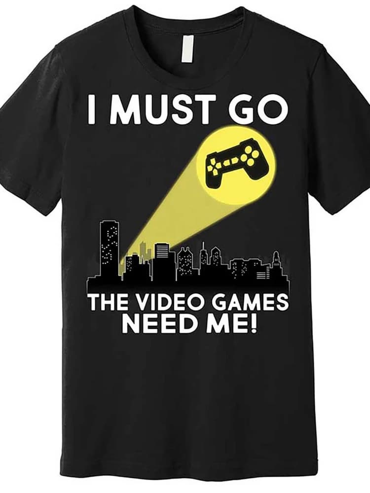 "I Must Go, i videogiochi hanno bisogno di me! "Nero con giallo Game Controller Graphic T-shirt da uomo stampata casual con scollo a O in cotone al 100%.
