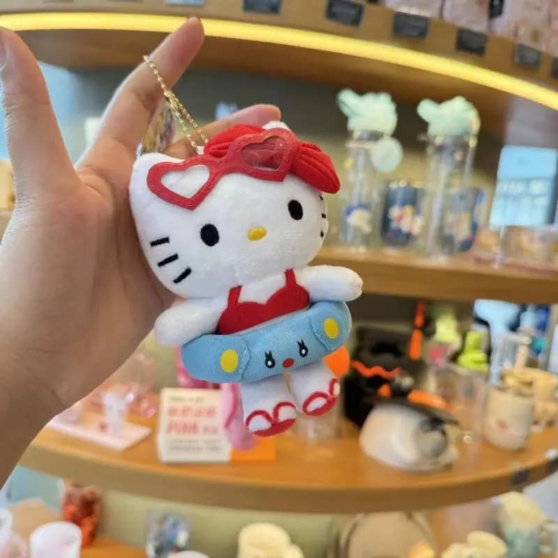 Sanrio Hello Kitty Cartoon Plush Series KT Filling Keychain Cat Hawaii Swim Ring Series Dark Leather Toy Birthday Gift