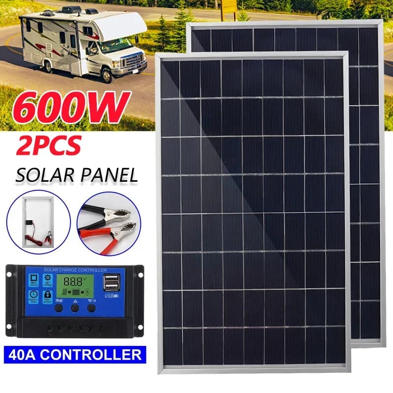 Kit pannello solare completo da 600 W 12 V - Policristallino ad alta efficienza con doppie porte USB per backup domestico e alimentatore esterno