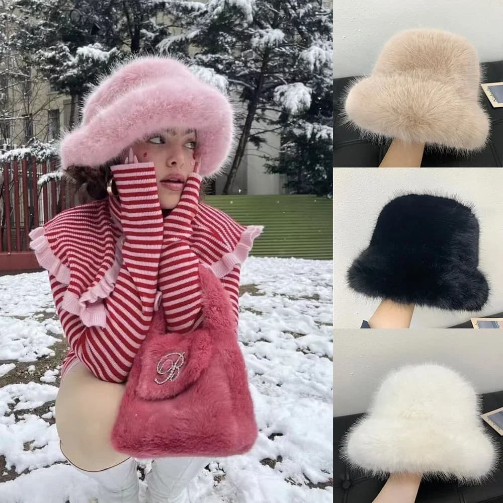 2025 Y2k Donne Pelliccia di Coniglio Caldo di Spessore Peluche Cappello Invernale Soffice Pelliccia Sintetica Cappello Della Benna Della Signora di Modo di Lusso Del Partito Panama Pescatore Cap