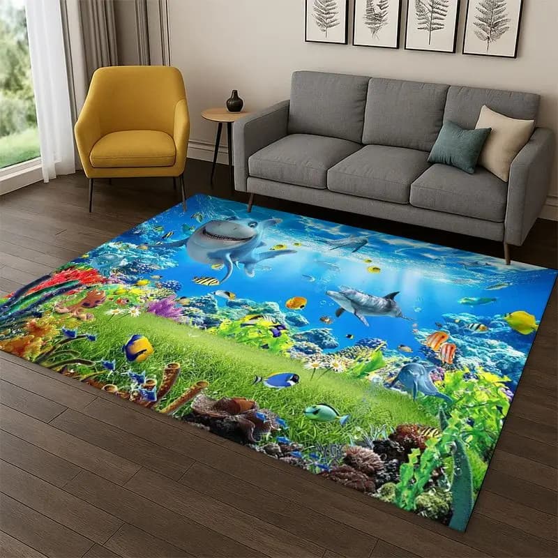 Underwater Sea World Marine Life Cartoon Carpet Rug for Bedroom Living Room Sofa Playroom Doormat Home Decor,Area Rug Non-slip