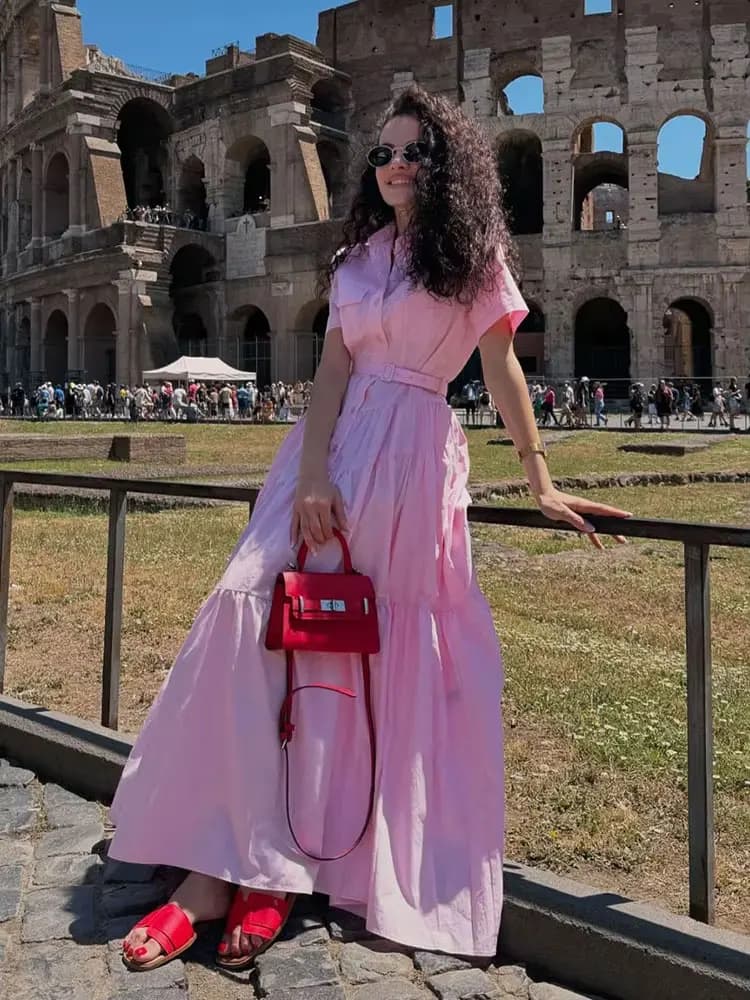 HH 2024 Abiti lunghi eleganti femminili Solido Colletto rovesciato Maniche corte Cintura monopetto Donna Nuovo abito estivo chic
