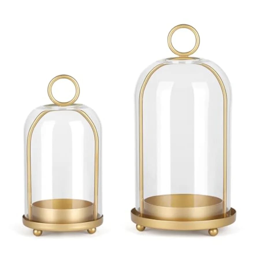 Set di Portacandele in Metallo Versatile con Cupola in Vetro Fatta a Mano, Supporto per Candele a Colonna in Ottone Anticato, Larghezza 5,2" e 4,1" per Tavolo